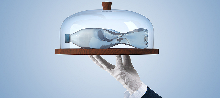 Water bottle on a tray to demonstrate microplastics in Linwood, NJ